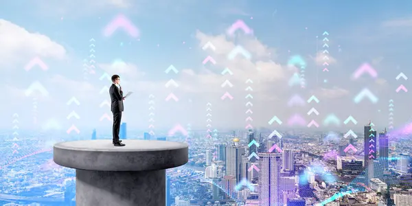 Side View Young Businessman Documents Standing Smart City Looking Arrows — Stock Photo, Image