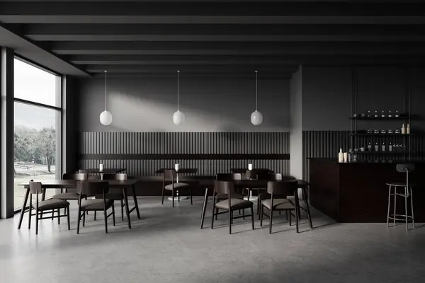 Bar Oscuro Restaurante Interior Con Sillas Madera Mesa Fila Suelo — Foto de Stock