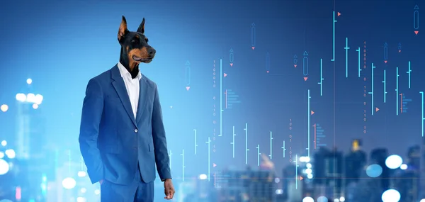 Businessman with dog head, portrait with forex graphs and binary and blurred city skyscrapers on background. Concept of investment, financial success and advisory