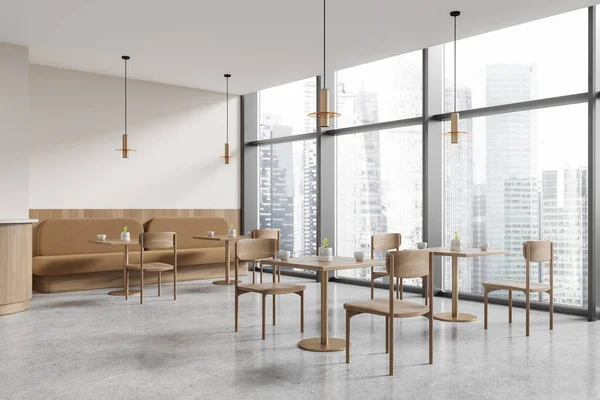 White restaurant interior with chairs and eating table in row, side view light concrete floor. Minimalist cafe with sofa and panoramic window on Singapore skyscrapers. 3D rendering