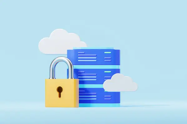 View of cloud storage server with big padlock over blue background. Concept of cyber security and data protection. 3d rendering