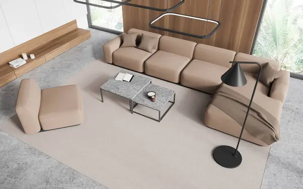 Top view of home living room interior with sofa, armchair and coffee table on carpet with minimalist decoration. Relaxing corner, drawer and panoramic window. 3D rendering