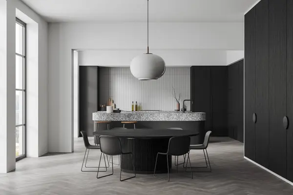 Moderne Wohnküche Mit Esstisch Bar Insel Und Kochbereich Mit Schrank — Stockfoto
