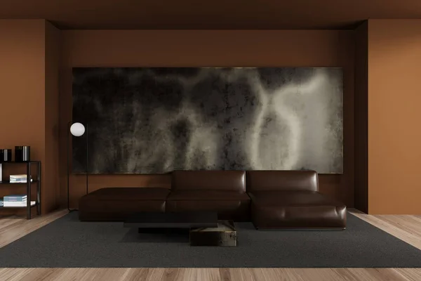 Interior of stylish living room with brown walls, wooden floor, comfortable leather couch standing on gray carpet near coffee table. 3d rendering