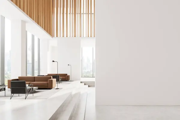 White and wooden office interior with sofa and armchairs with coffee table, stairs and light concrete floor. Panoramic window on Bangkok skyscrapers. Mockup copy space wall partition. 3D rendering