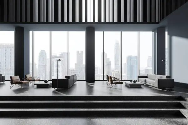 Dark office lobby interior with sofa and armchairs with coffee table, stairs and grey granite floor. Panoramic window on Bangkok skyscrapers. 3D rendering