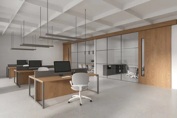 White workplace interior with coworking and conference corner, side view glass room with meeting table and chairs. Pc computers and office desks in row. 3D rendering