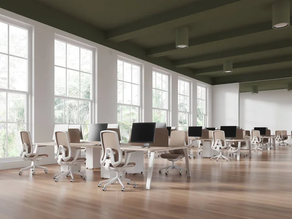 Modern stylish office interior with pc computers and chairs in row, side view hardwood floor. Minimalist office work corner with panoramic window on tropics. 3D rendering