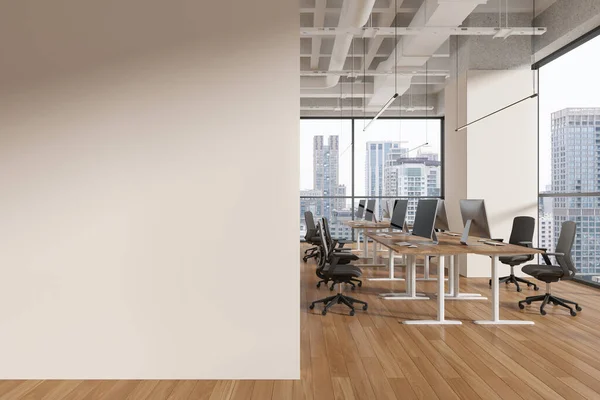 Beige workplace interior with chairs and desk in row, hardwood floor. Cozy coworking loft with panoramic window on Bangkok skyscrapers. Mockup copy space blank wall. 3D rendering