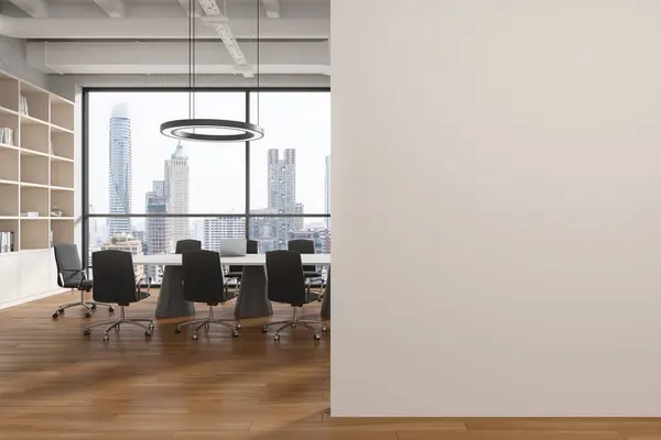 Modern wooden conference room, board and chairs in row, shelf with decoration on hardwood floor. Panoramic window on Bangkok skyscrapers. Mockup copy space wall partition. 3D rendering