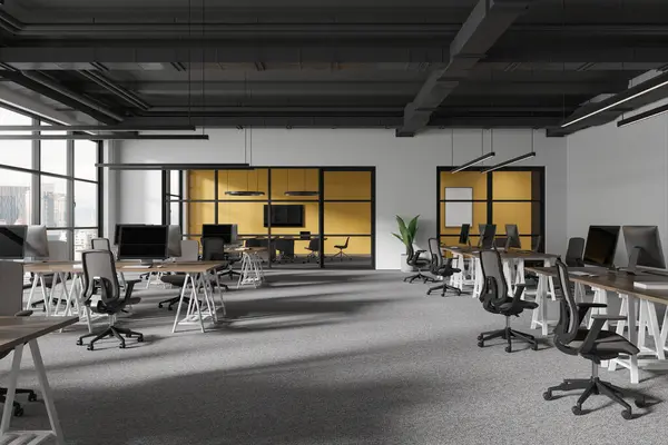 Stilvolles Bürointerieur Mit Coworking Und Gläsernem Besprechungsraum Teppich Auf Dem — Stockfoto