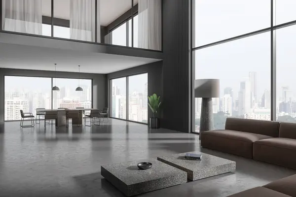 Interieur Des Stilvollen Wohnzimmers Mit Grauen Wänden Betonboden Braunem Sofa — Stockfoto