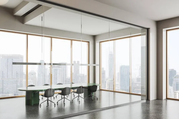 Minimalist conference interior with chairs and board, side view. Business hall and closed meeting room with panoramic window on Bangkok skyscrapers. 3D rendering