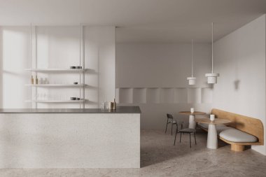 Beyaz duvarları, beton zemini, rahat bar tezgahı ve sandalyeli yuvarlak masaları olan şık bir bar. 3d oluşturma