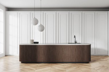 Bar adası, lavabo ve bulaşık ile geleneksel ev mutfağı. Ahşap zemini ve penceresi olan şık bir dairede yemek pişirme yeri. 3B görüntüleme