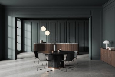 Klasik ev mutfağı. Siyah yuvarlak masa ve sandalyeli. Gri beton zeminde lavabosu olan bar tezgahı. Sıcak yemek ve yemek odası, süslemeli büfe. 3B görüntüleme