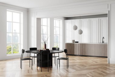 Geleneksel ev mutfağı. Yuvarlak masa, sandalyeler, ahşap zeminde yan görüş tezgahı. Bangkok gökdelenlerinde panoramik pencereli rahat yemek ve yemek köşeleri. 3B görüntüleme