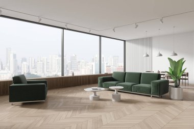 Yemek masası ve sandalyeleri olan şık bir ev oturma odası, sehpası olan yeşil kanepe. Singapur gökdelenlerinde panoramik penceresi olan zarif bir stüdyo. 3B görüntüleme