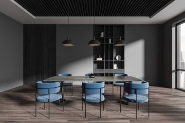 Koyu renkli oturma odası. Taş masa, mavi sandalyeler, ahşap döşemeler. Rafları ve kitapları olan şık bir toplantı odası Kuala Lumpur gökdelenlerinin panoramik penceresi. 3B görüntüleme