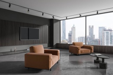 İki yumuşak kahverengi koltuğu, televizyon ekranı ve dekoratif kahve masası olan koyu renkli bir oturma odası. Bangkok gökdelenlerinin panoramik penceresi. 3B görüntüleme
