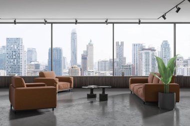 Beton zemini, panoramik penceresi, rahat turuncu koltuğu ve siyah sehpaların yanında duran iki koltuğu olan şık bir oturma odası. 3d oluşturma