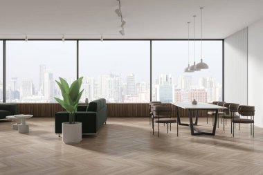 Lüks oturma odasının içinde yemek masası ve sandalyeler, kahve masalı yeşil kanepe. Singapur gökdelenlerinde panoramik penceresi olan şık bir stüdyo dairesi. 3B görüntüleme