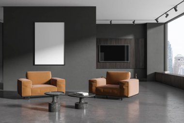 Gri ve ahşap duvarları, beton zemini, siyah sehpaların yanında duran iki rahat turuncu koltuğu ve duvarında televizyon olan şık bir oturma odası. Posteri düzenle. 3d oluşturma