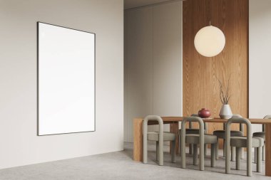 Konforlu oturma odası, yemek köşesi, masa ve sandalyeler, yan manzara yemek masası, lamba ve dekorasyon. Duvara boş bir poster asın. 3B görüntüleme