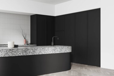 Lüks ev mutfağı ve lavabosu ve dolabı olan bir bar. Köşedeki tezgahta aletler ve ahşap zeminde siyah raflar var. 3B görüntüleme