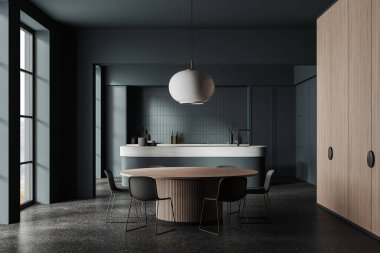 Karanlık ev mutfağı, yemek masası, bar adası mutfak gereçleri, gri granit zemin. Kırsal kesimde panoramik beslenme alanı. 3B görüntüleme