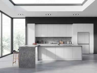 Lüks ev mutfağı, taş bar adası, rafları ve beton zeminde buzdolabı olan beyaz yemek dolabı. Tropik bölgelerde panoramik pencere. 3B görüntüleme