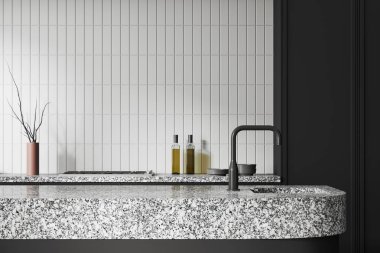 Lavaboda inşa edilmiş, modern mutfakta beyaz fayanslı duvarları olan rahat, beyaz ve gri bir ada. 3d oluşturma