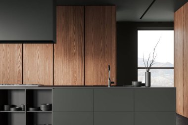 Siyah ve ahşap mutfak iç mimarisi, bar adası yakın çekim, soba ve lavabo. Mutfak eşyaları ve raflar, bulaşıklı şifonyer. Kırsal kesimde panoramik pencere. 3B görüntüleme