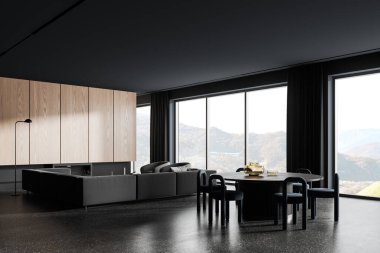 Karanlık ev oturma odası, yumuşak bir yer, yan görüş gri kanepe ve şömineli koltuklar. Kırsal kesimde sandalyeli ve panoramik pencereli yemek masası. 3B görüntüleme