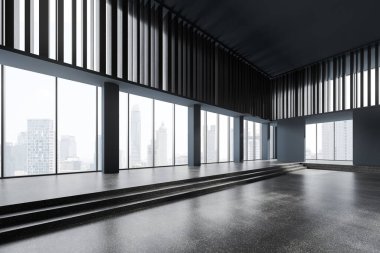 Gri ve ahşap duvarları, beton zemini ve şehir manzaralı büyük panoramik pencereleri olan boş ofis lobisinin köşesi. 3d oluşturma