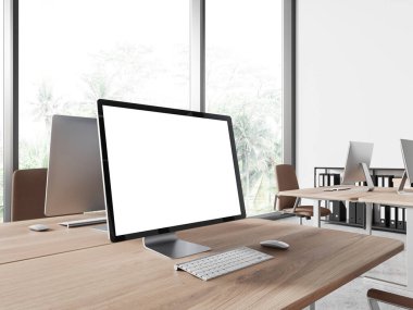 Beyaz ve ahşap ofis içi bilgisayar ekranı, birlikte çalışan köşe ve klasörler. Tropik bölgelerde panoramik pencere. 3B görüntüleme