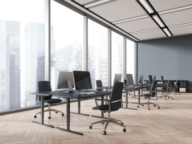 Modern ofis içerisinin köşesinde, masada bilgisayar, koltuklu çalışma yeri ve ahşap zemin üzerinde masa var. Singapur gökdelenlerinin panoramik penceresi. 3B görüntüleme