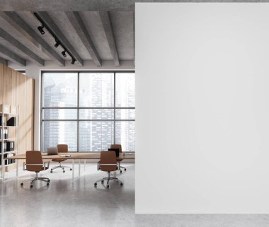 Sandalyeli ve pansiyonlu modern ofis içi, evraklarla dolu raf. Singapur gökdelenlerinde panoramik pencereli şık bir iş yeri. Boş bölmeyi düzenle. 3B görüntüleme