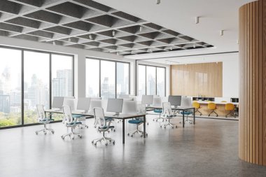 Beyaz ve ahşap duvarları, beton zemini ve beyaz sandalyeli uzun bilgisayar masaları olan modern çalışma odasının köşesi. 3d oluşturma