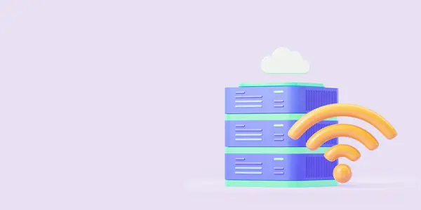View of cloud data storage server and Wi-Fi sign over pink copy space background. Concept of cloud computing and information storage. 3d rendering