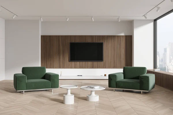 Interieur Eines Modernen Wohnzimmers Mit Weißen Und Hölzernen Wänden Holzboden — Stockfoto