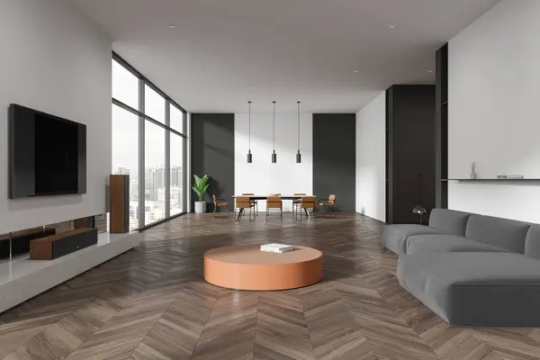 Stilvolles Wohnzimmerinterieur Mit Esstisch Mit Stühlen Parkettboden Sofa Und Konsole — Stockfoto
