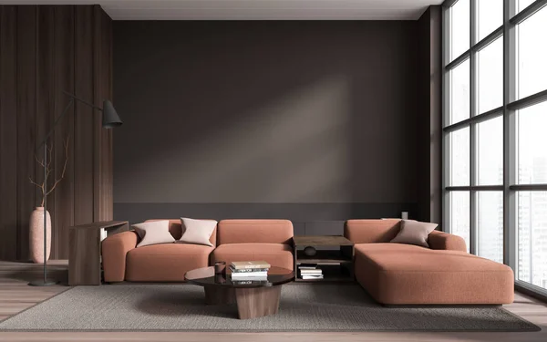 Rumah Gelap Santai Interior Ruang Dengan Sofa Coklat Dan Meja — Stok Foto