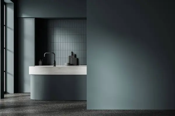 Interior Cozinha Elegante Com Paredes Cinzentas Piso Concreto Confortável Ilha — Fotografia de Stock