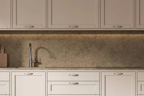 Classical Granite Home Kitchen Interior Beige Shelves Sink Stove Closeup — Stock Photo, Image