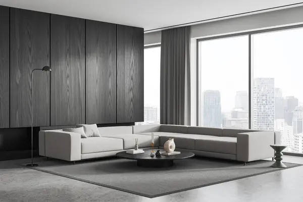 Luxury corner view of home living room interior with L shaped sofa, coffee table with minimalist art decoration. Panoramic window on Bangkok skyscrapers. 3D rendering