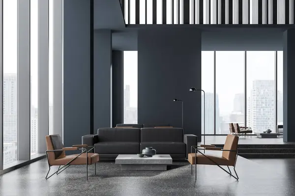 时尚的办公室候车室的内部 有灰色和木制墙壁 混凝土地面 舒适的沙发和扶手椅 有咖啡桌 站在全景窗前 3D渲染 — 图库照片