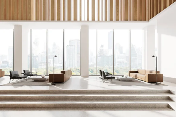 White and wooden office interior with sofa and armchairs with coffee table, stairs and light concrete floor. Panoramic window on Bangkok skyscrapers. 3D rendering