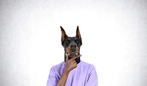 Porträt Eines Nachdenklichen Jungen Mannes Mit Hundekopf Der Mit Der — Stockfoto