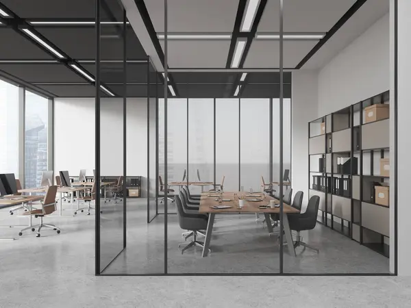 Stylish Office Interior Coworking Glass Meeting Room Grey Concrete Floor — Stock Photo, Image
